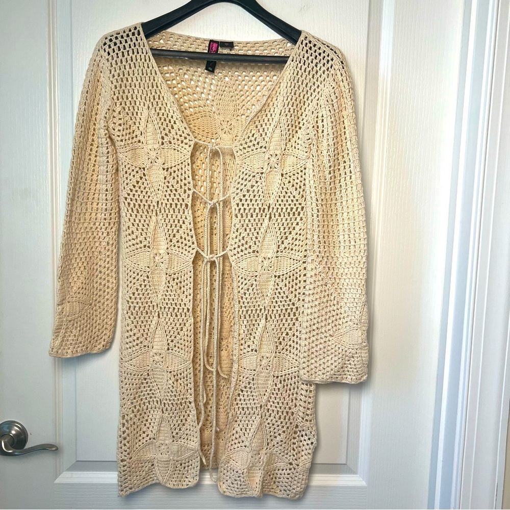 Beautiful crocheted cream colored long cardigan by Say What, size medium